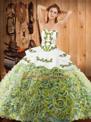 Suitable Strapless Sleeveless Sweep Train Lace Up Quinceanera Dress Multi-color Satin and Fabric With Rolling Flowers