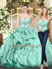 Extravagant Floor Length Apple Green Sweet 16 Dress Organza Sleeveless Beading and Ruffles