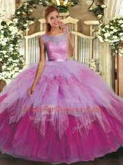 Colorful Multi-color Ball Gowns Tulle Scoop Sleeveless Ruffles Floor Length Backless Quince Ball Gowns