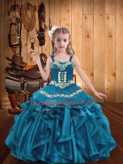 Straps Sleeveless Lace Up Child Pageant Dress Teal Organza