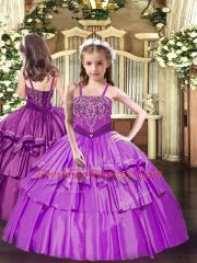 Floor Length Lace Up Custom Made Pageant Dress Lilac for Party and Quinceanera with Beading and Ruffled Layers