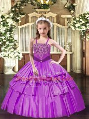 Floor Length Lace Up Custom Made Pageant Dress Lilac for Party and Quinceanera with Beading and Ruffled Layers