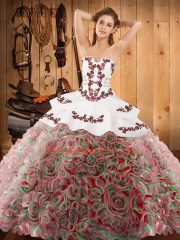 Fine Multi-color Ball Gowns Satin and Fabric With Rolling Flowers Strapless Sleeveless Embroidery With Train Lace Up Ball Gown Prom Dress Sweep Train