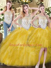 Free and Easy Yellow Zipper Quince Ball Gowns Beading and Ruffles Sleeveless Floor Length