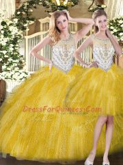 Free and Easy Yellow Zipper Quince Ball Gowns Beading and Ruffles Sleeveless Floor Length