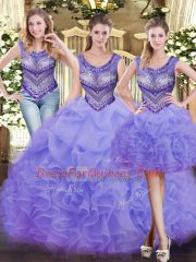Captivating Sleeveless Tulle Floor Length Lace Up Vestidos de Quinceanera in Lavender with Beading and Ruffles