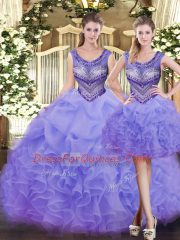 Captivating Sleeveless Tulle Floor Length Lace Up Vestidos de Quinceanera in Lavender with Beading and Ruffles