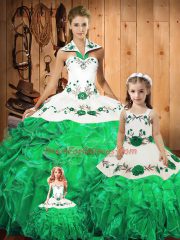 Trendy Green Sleeveless Embroidery and Ruffles and Bowknot Floor Length 15th Birthday Dress