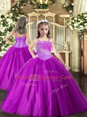 Inexpensive Floor Length Purple Girls Pageant Dresses Tulle Sleeveless Beading
