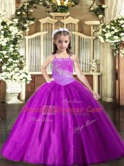 Inexpensive Floor Length Purple Girls Pageant Dresses Tulle Sleeveless Beading