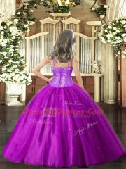 Inexpensive Floor Length Purple Girls Pageant Dresses Tulle Sleeveless Beading