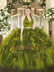 Sleeveless Organza Floor Length Zipper Quinceanera Gown in Olive Green with Ruffles