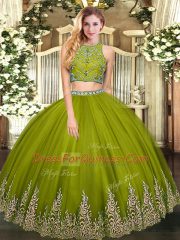 Deluxe Floor Length Zipper Quinceanera Dress Olive Green for Military Ball and Sweet 16 and Quinceanera with Beading and Appliques