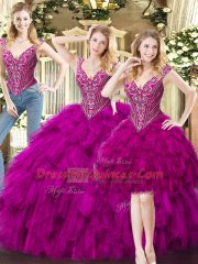 Three Pieces Quinceanera Dresses Fuchsia V-neck Organza Sleeveless Floor Length Lace Up