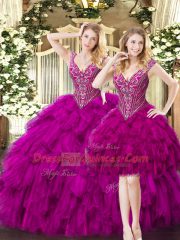 Three Pieces Quinceanera Dresses Fuchsia V-neck Organza Sleeveless Floor Length Lace Up