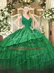Floor Length Green Quinceanera Gown Satin and Tulle Sleeveless Beading and Embroidery and Ruffled Layers