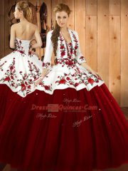 New Arrival Sleeveless Satin and Tulle Floor Length Lace Up Quinceanera Gown in Wine Red with Embroidery