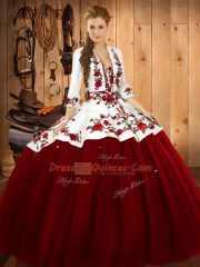 New Arrival Sleeveless Satin and Tulle Floor Length Lace Up Quinceanera Gown in Wine Red with Embroidery