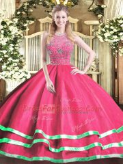 Amazing Hot Pink Quinceanera Gowns Military Ball and Sweet 16 and Quinceanera with Beading Halter Top Sleeveless Zipper