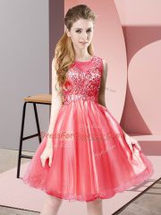 Customized Coral Red Zipper Beading Sleeveless Knee Length