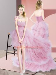 High Low Baby Pink Court Dresses for Sweet 16 Sweetheart Sleeveless Lace Up