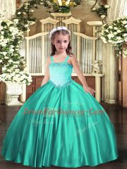 Floor Length Turquoise Little Girl Pageant Dress Satin Sleeveless Appliques