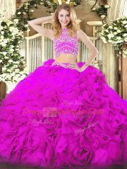 Hot Sale Fuchsia Backless High-neck Beading and Ruffles Vestidos de Quinceanera Tulle Sleeveless
