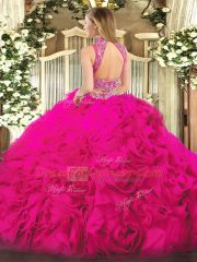 Hot Sale Fuchsia Backless High-neck Beading and Ruffles Vestidos de Quinceanera Tulle Sleeveless