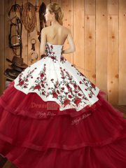 Flare Sweetheart Sleeveless Quince Ball Gowns Sweep Train Embroidery Rust Red Organza