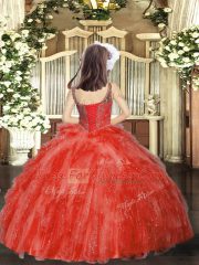 Customized Sleeveless Organza Floor Length Lace Up Pageant Gowns For Girls in Orange Red with Beading and Ruffles