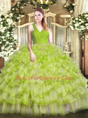 Popular Sleeveless Organza Floor Length Zipper Quinceanera Gowns in Yellow Green with Ruffled Layers