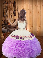 Custom Made Straps Sleeveless Fabric With Rolling Flowers Pageant Dress for Teens Embroidery and Ruffles Lace Up