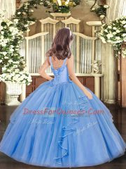 Fancy Straps Sleeveless Girls Pageant Dresses Floor Length Appliques and Ruffles Watermelon Red Organza