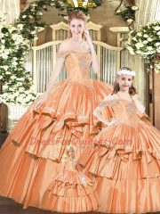 Rust Red Tulle Lace Up Off The Shoulder Sleeveless Floor Length Quinceanera Gowns Beading and Ruffles