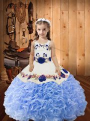 Floor Length Lavender Little Girls Pageant Gowns Fabric With Rolling Flowers Sleeveless Embroidery and Ruffles