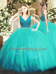 Floor Length Ball Gowns Sleeveless Aqua Blue Quinceanera Dresses Zipper