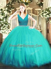 Floor Length Ball Gowns Sleeveless Aqua Blue Quinceanera Dresses Zipper