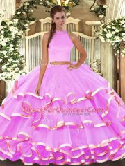 Lilac Backless 15 Quinceanera Dress Beading and Ruffled Layers Sleeveless Floor Length