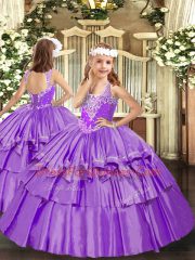Modern Floor Length Lace Up Pageant Dresses Lavender for Party and Quinceanera with Beading and Ruffled Layers