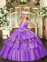 Modern Floor Length Lace Up Pageant Dresses Lavender for Party and Quinceanera with Beading and Ruffled Layers