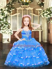 Blue Spaghetti Straps Neckline Beading and Ruffled Layers Little Girl Pageant Dress Sleeveless Lace Up