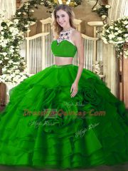Exceptional Green High-neck Backless Beading and Ruffled Layers Sweet 16 Dresses Sleeveless