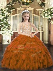 Brown Sleeveless Floor Length Beading and Ruffles Lace Up Girls Pageant Dresses