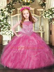 Best Sleeveless Tulle Floor Length Zipper Evening Gowns in Hot Pink with Beading and Ruffles