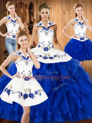 Exquisite Blue And White Sleeveless Embroidery and Ruffles Floor Length Ball Gown Prom Dress