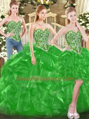 Modern Green Ball Gowns Tulle Sweetheart Sleeveless Beading and Ruffles Floor Length Lace Up Ball Gown Prom Dress