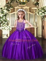 Purple Satin Lace Up Pageant Gowns For Girls Sleeveless Floor Length Beading