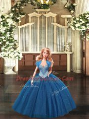 Straps Sleeveless Quince Ball Gowns Floor Length Beading Teal Tulle