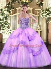 Cute Floor Length Lace Up 15th Birthday Dress Lavender for Military Ball and Sweet 16 and Quinceanera with Beading and Appliques