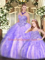 Lavender 15th Birthday Dress Military Ball and Sweet 16 and Quinceanera with Beading and Ruffles Sweetheart Sleeveless Lace Up